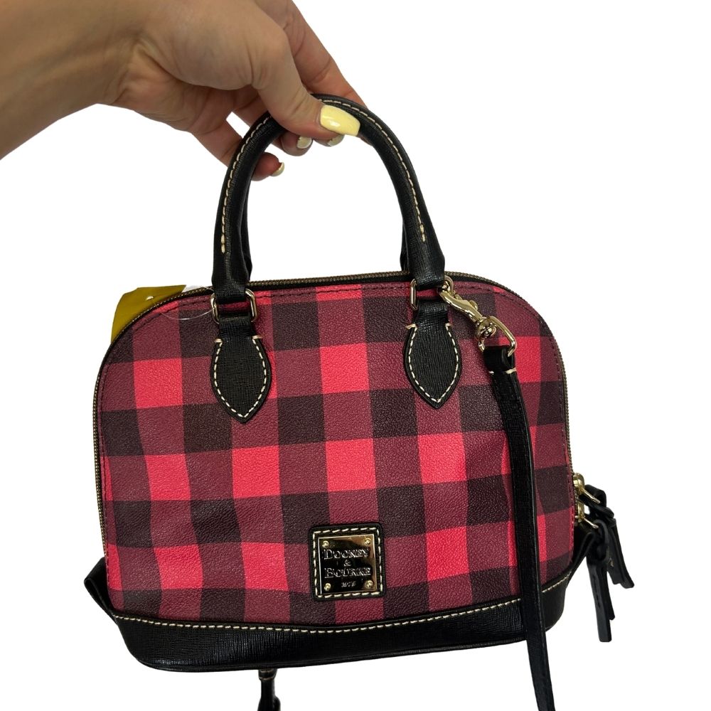 Dooney & Bourke Red & Black Checkered Satchel – Dual Handles & Crossbody Strap