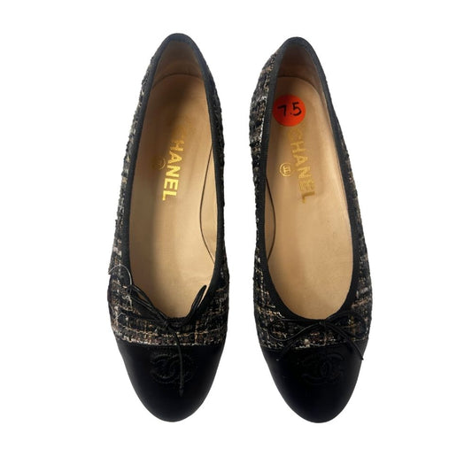 Chanel Two-Tone Tweed Ballet Flats – Black Print, Size 7.5 (With Dust Bag & Box)