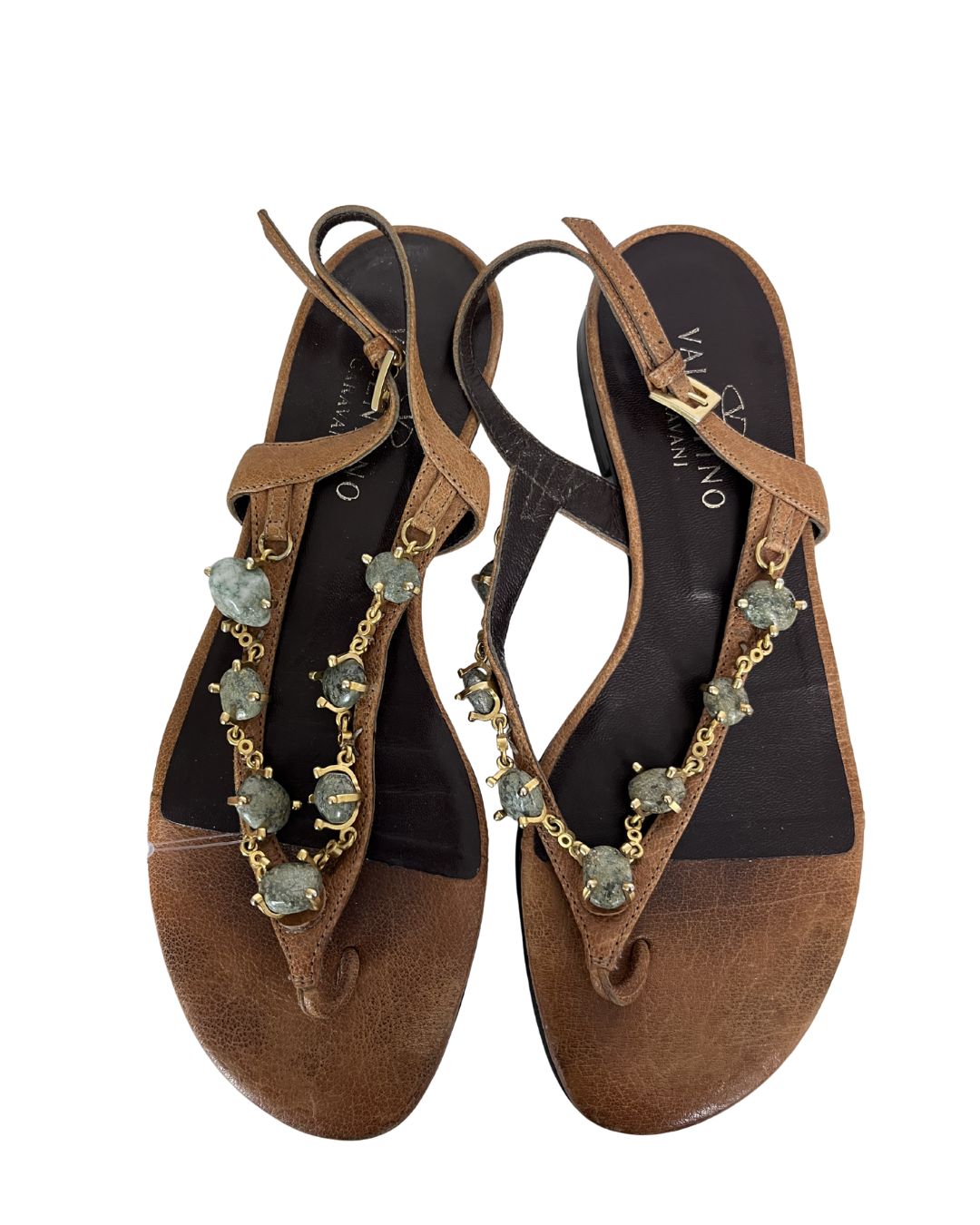 VALENTINO Brown Leather Jade Stone Chain Sandals (Size 6.5)