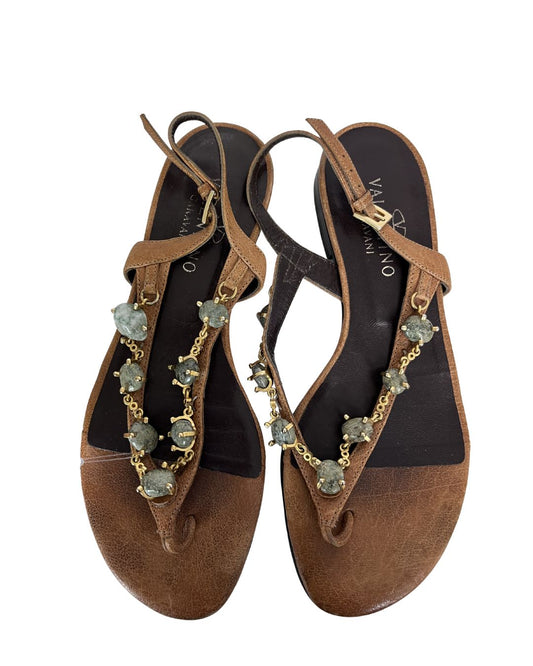 VALENTINO Brown Leather Jade Stone Chain Sandals (Size 6.5)