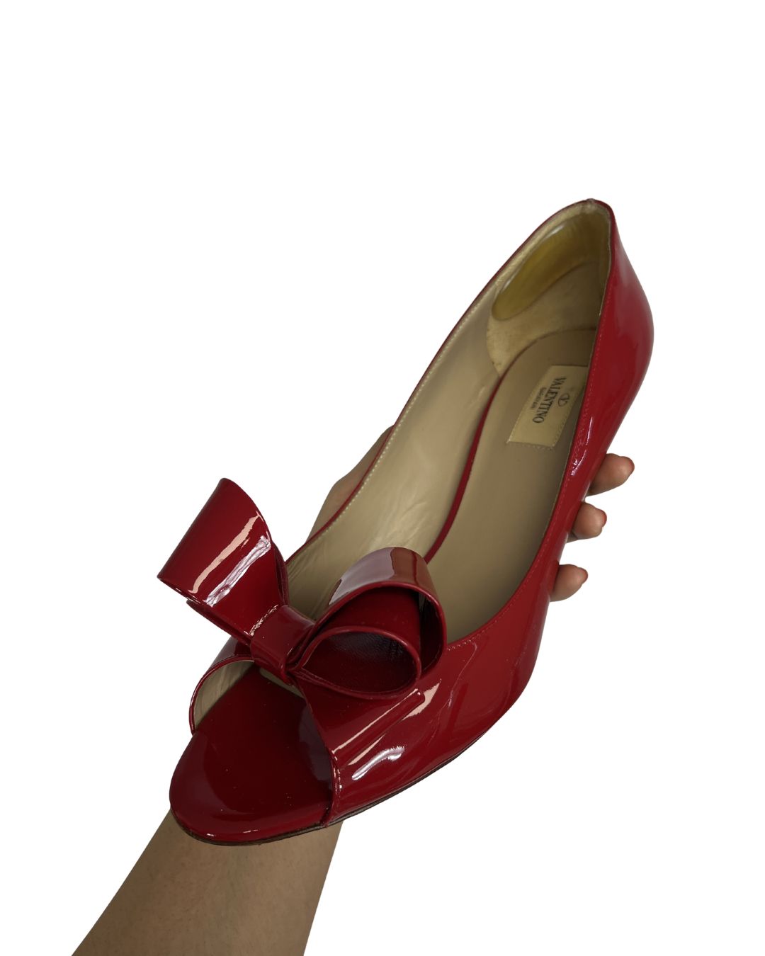 VALENTINO Red Patent Leather Open Toe Bow Heels (Size 10.5) – High