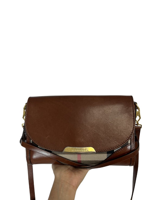 BURBERRY House Check Bridle Small Abbott Brown Leather Bag
