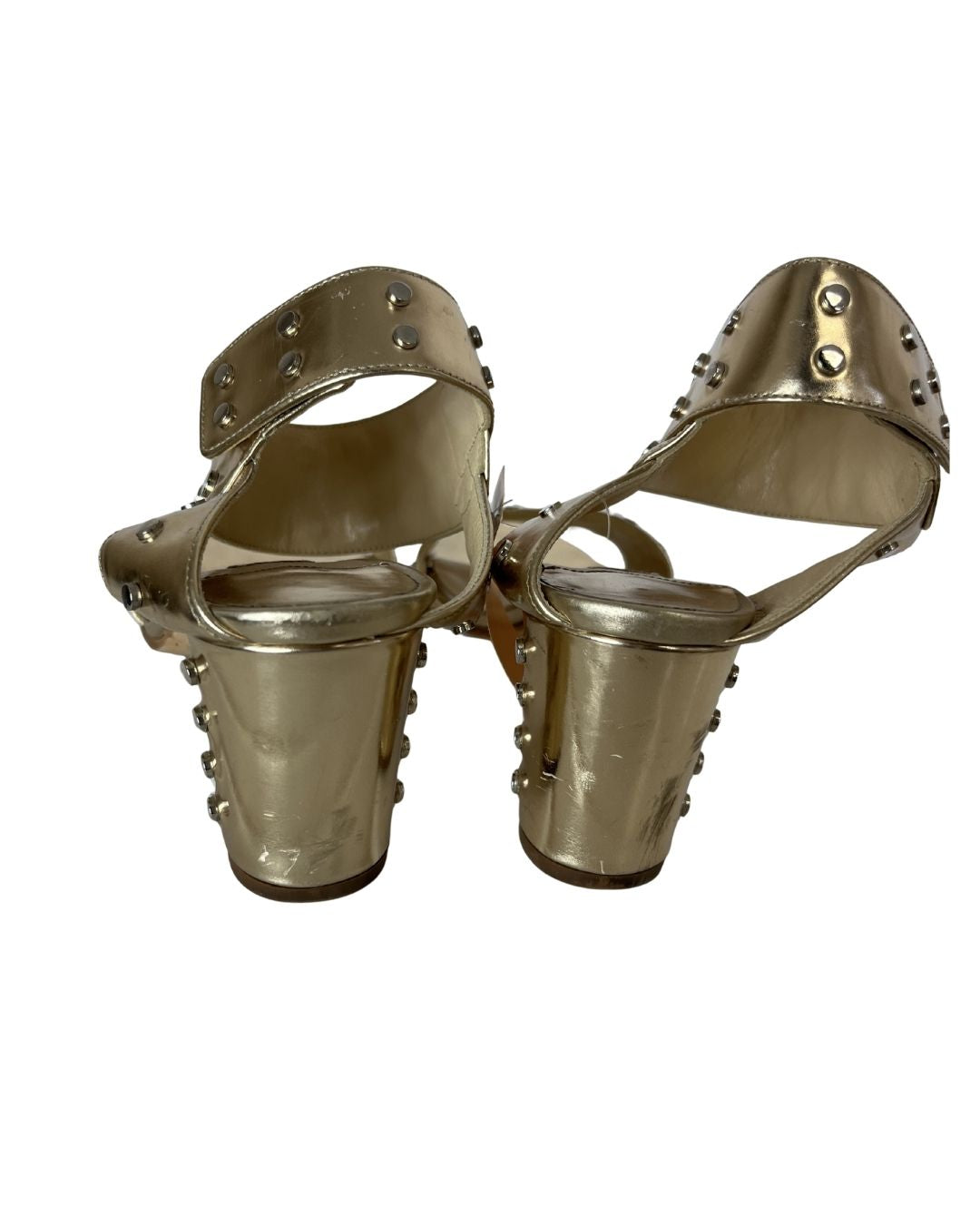 JIMMY CHOO Gold Leather Studded Ankle Strap Sandal Heels (Size 36.5)