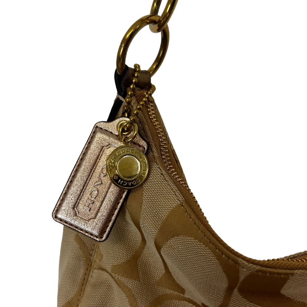Coach Gold “C” Logo Stripe Shoulder Bag – Silver/Gray/Tan/Gold with Metallic Strap | Y2K Throwback Chic