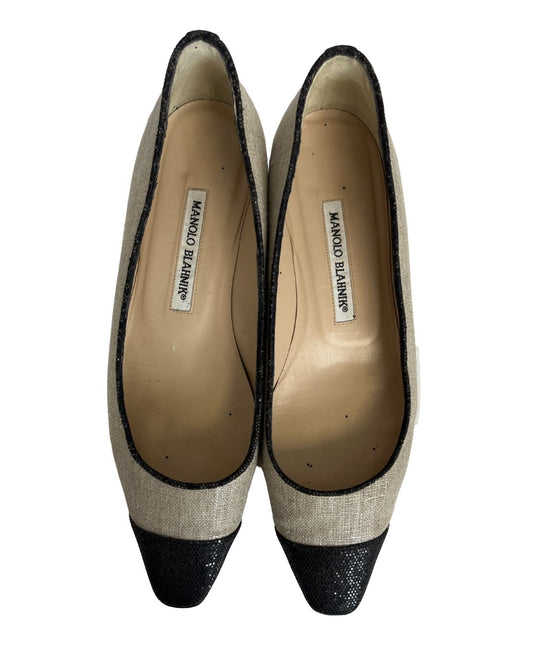 MANOLO BLAHNIK Liana Ballerina Beige & Black Flats (Size 7)