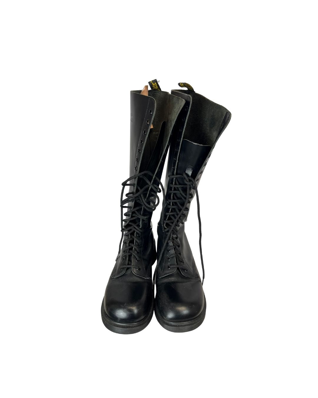 Front view of leather knee high platform lace-up boots