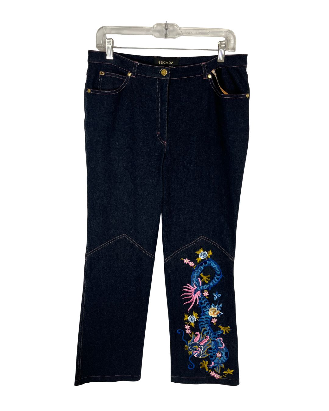 front view of Escada blue denim dragon embroidered jeans