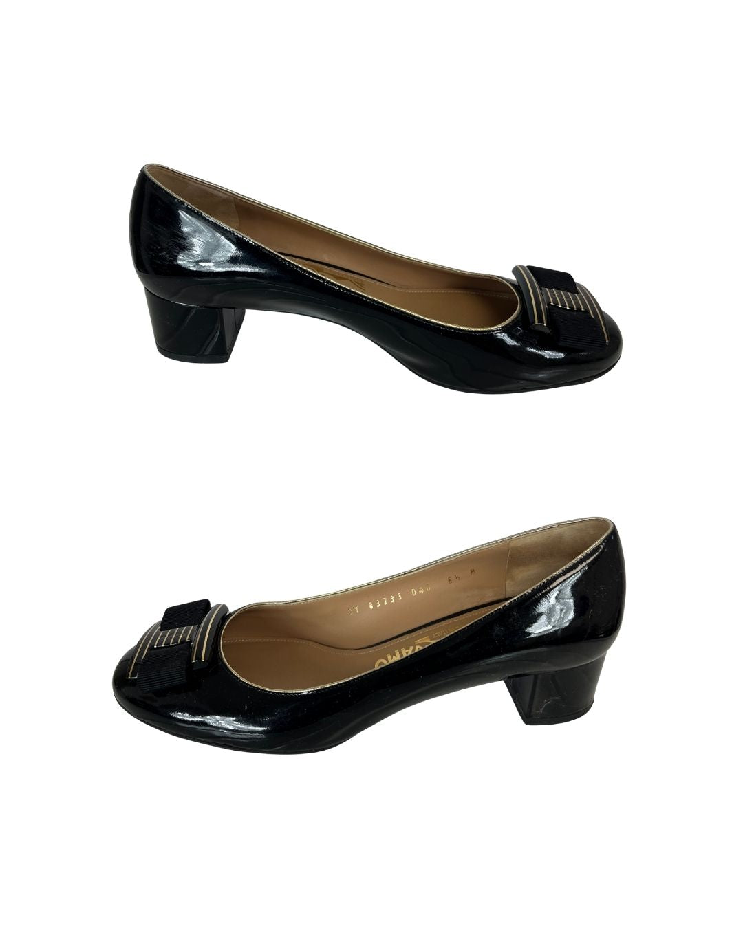 Side view of black leather pumps