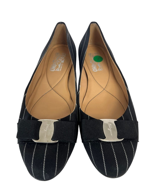 Front view of Ferragamo Varina Pinstripe Flats with silver hardware bow