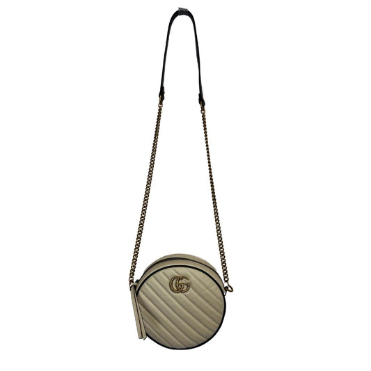 GUCCI Azalea Matelassé Round Quilted Crossbody – White & Navy with Gold-Tone GG Logo