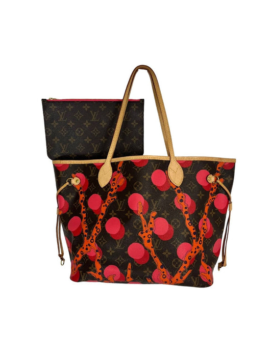 Front view of Louis Vuitton Monogram Canvas Ramages Neverfull with matching pouch