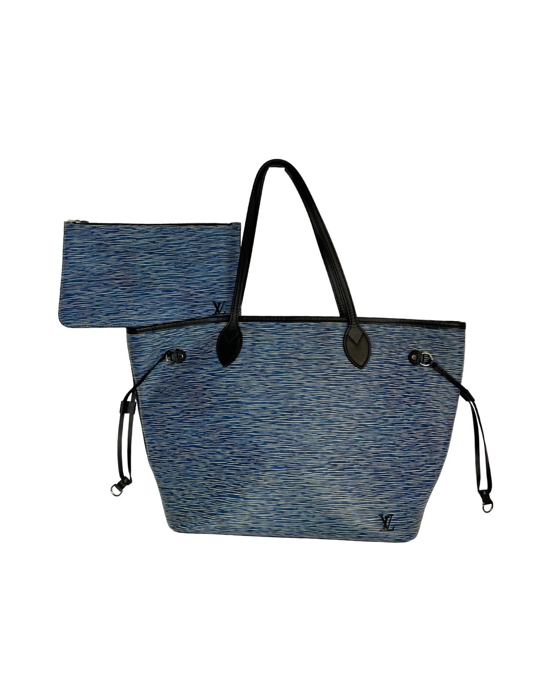 Front view of Louis Vuitton blue leather tote bag with matching pouch 