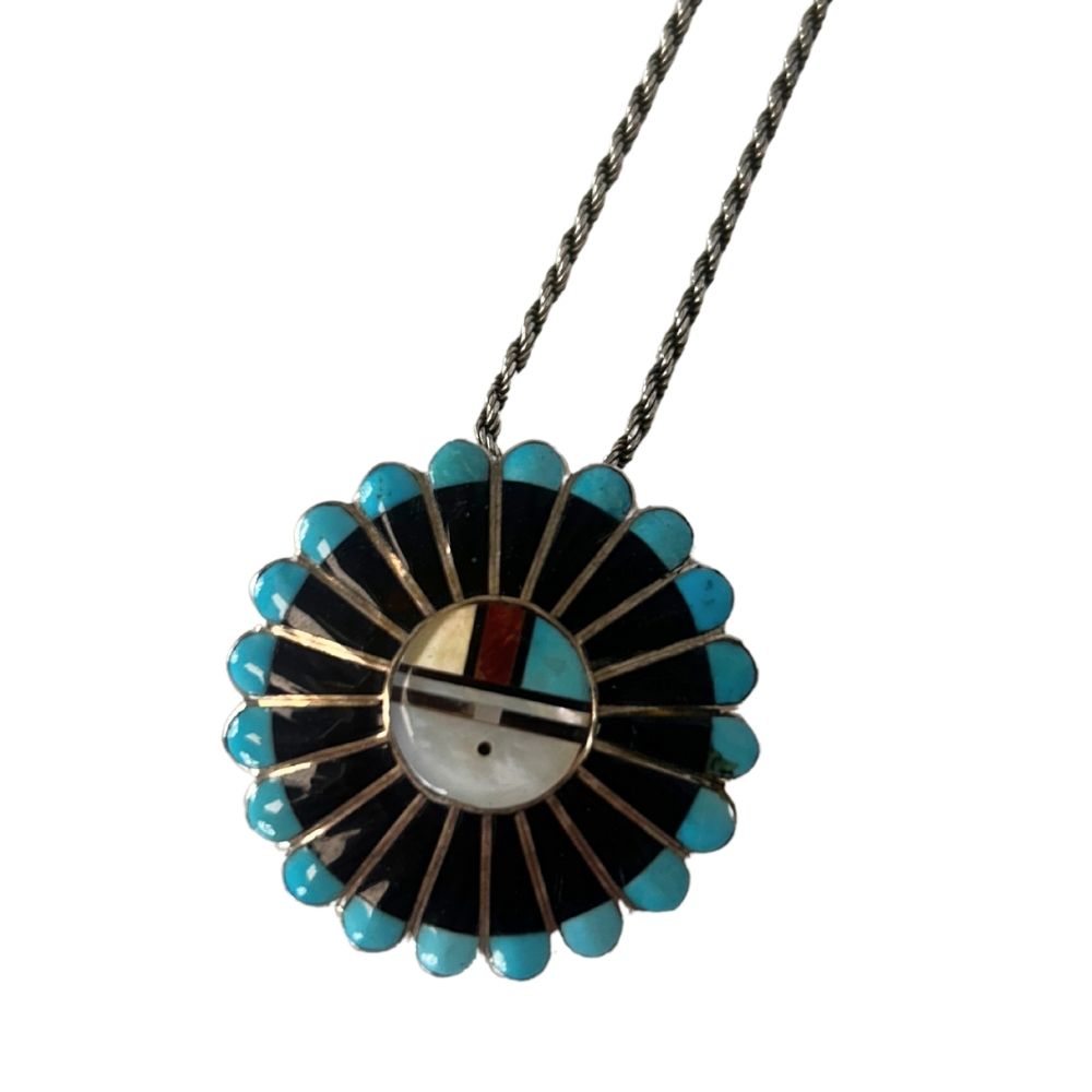 Sterling sliver zuni turquoise necklace little face with turquoise feathers on ends of face pendant also a pin