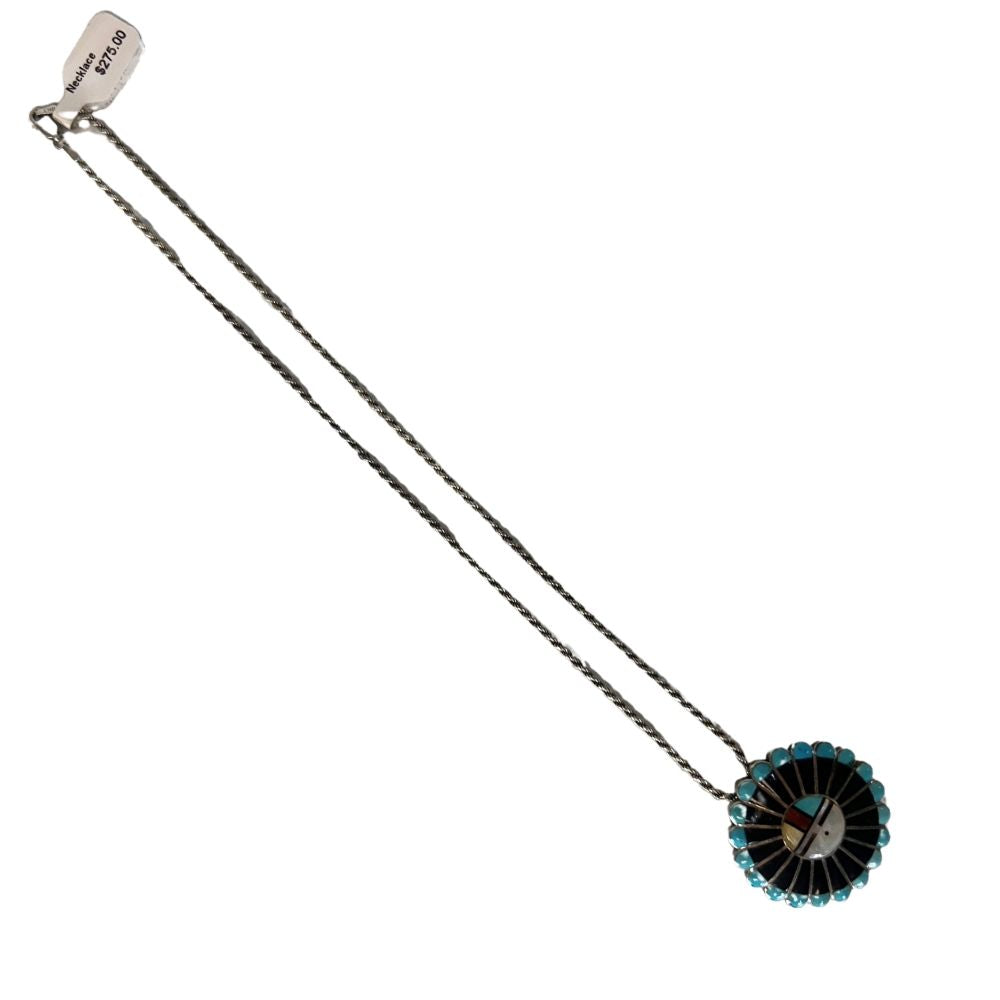Sterling sliver zuni turquoise necklace little face with turquoise feathers on ends of face pendant also a pin