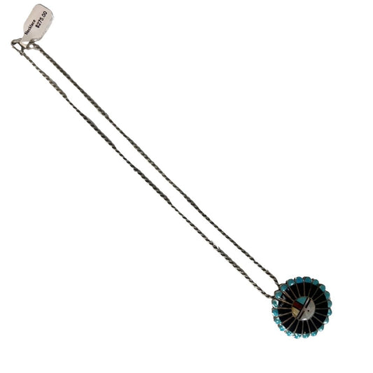 Sterling sliver zuni turquoise necklace little face with turquoise feathers on ends of face pendant also a pin