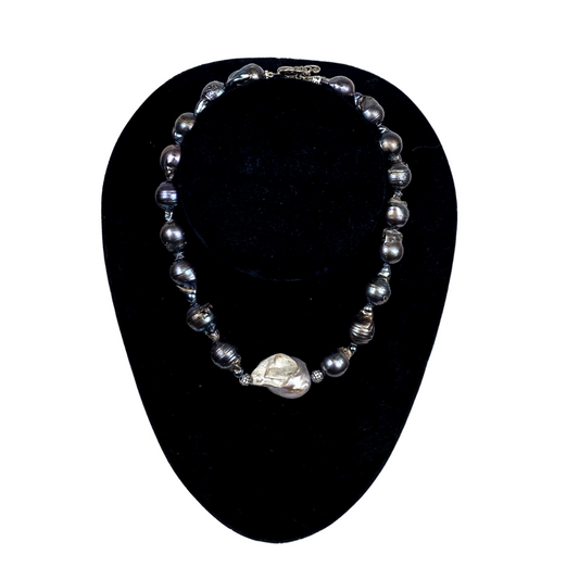 PEARLGURL Black Baroque Freshwater Pearl Necklace, 22mm Pearl Charm