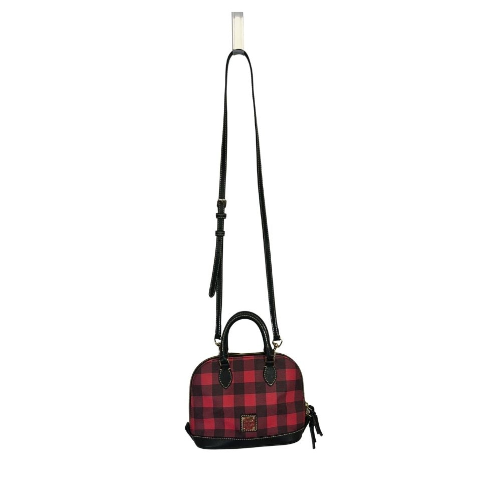 Dooney & Bourke Red & Black Checkered Satchel – Dual Handles & Crossbody Strap