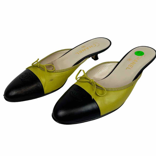 CHANEL Green/Black Leather Mules Classic Bow CC Logo Heels