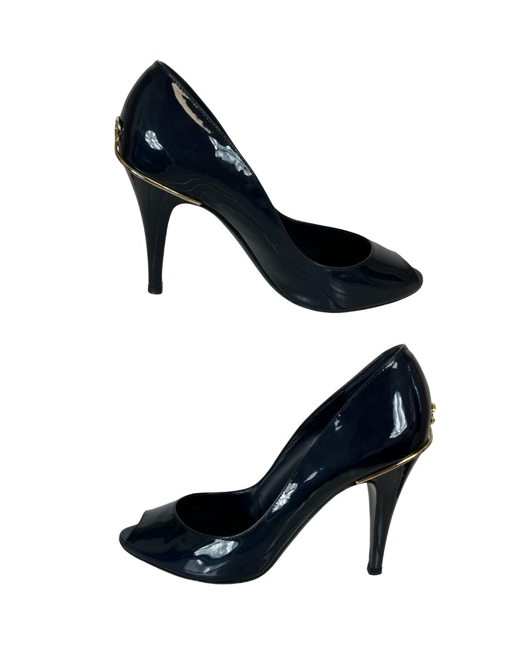 CHANEL Dark Blue Leather Open Toe Heels (US 8.5)