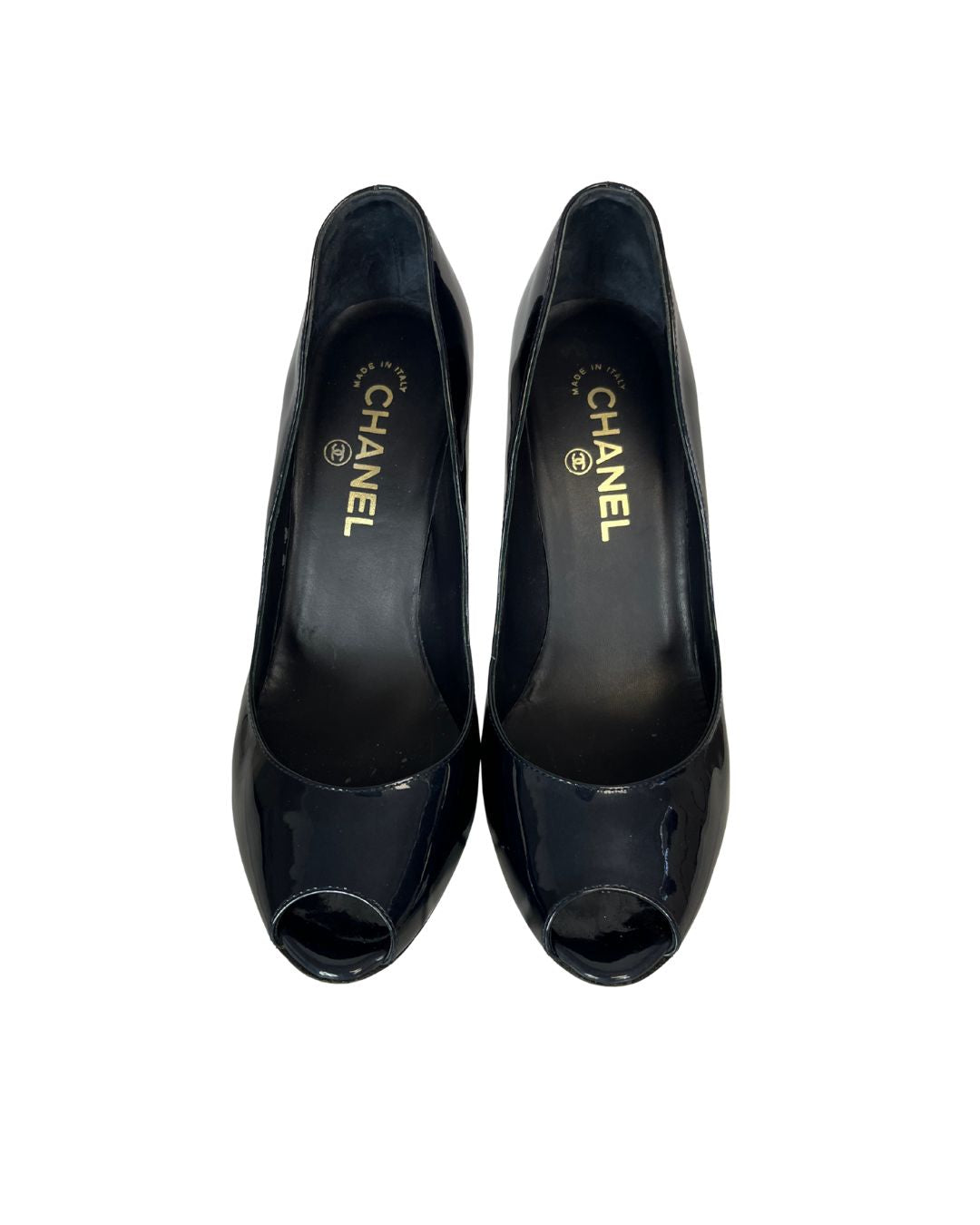 CHANEL Dark Blue Leather Open Toe Heels (US 8.5)