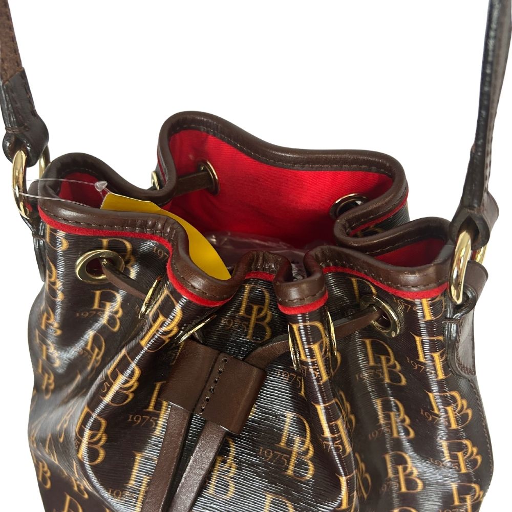 Dooney & Bourke Gold Logo Leather Drawstring Bag – Brown Plaid