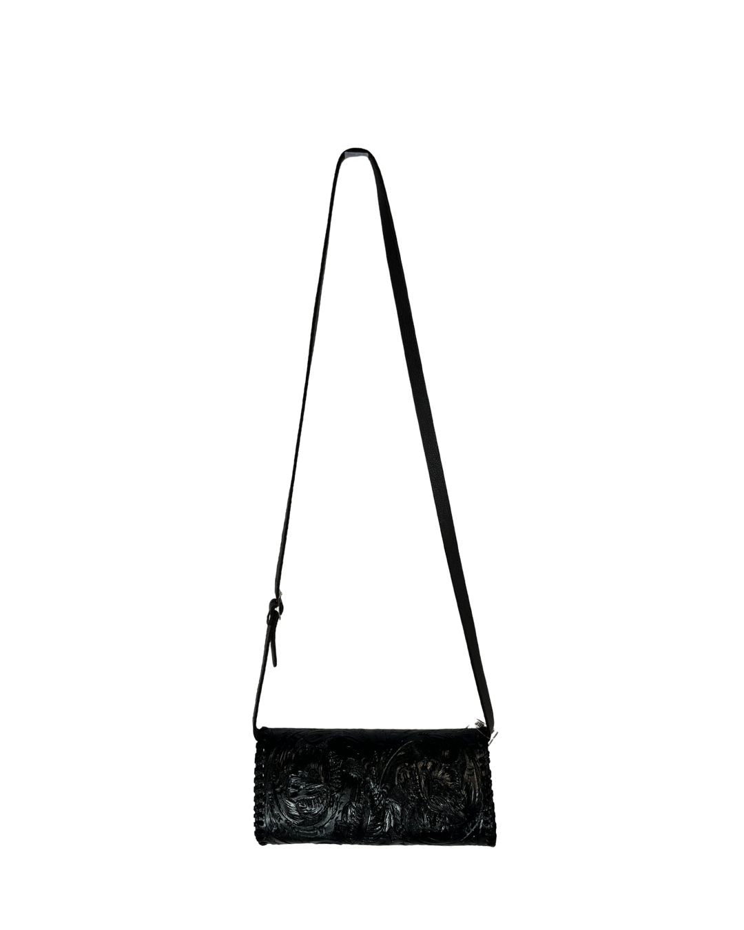 JUAN ANTONIO Black Hand-Tooled Leather Crossbody Bag