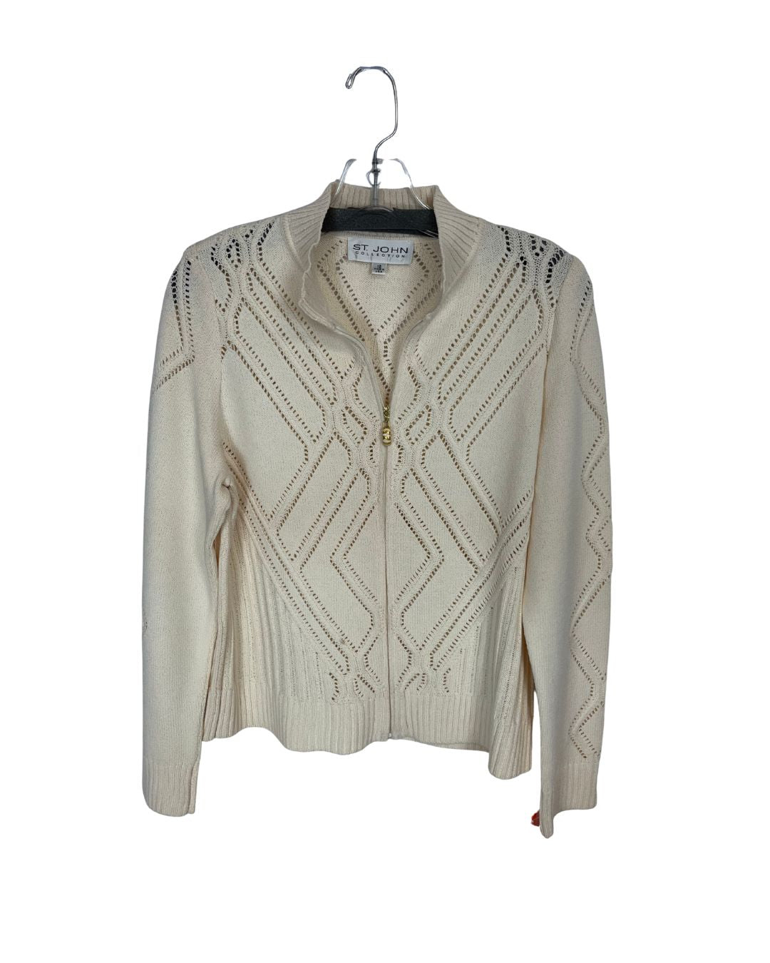 ST JOHN Santana Ivory Knit Full-Zip Cardigan Sweater (Size 12)