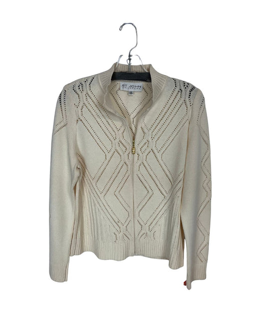 ST JOHN Santana Ivory Knit Full-Zip Cardigan Sweater (Size 12)