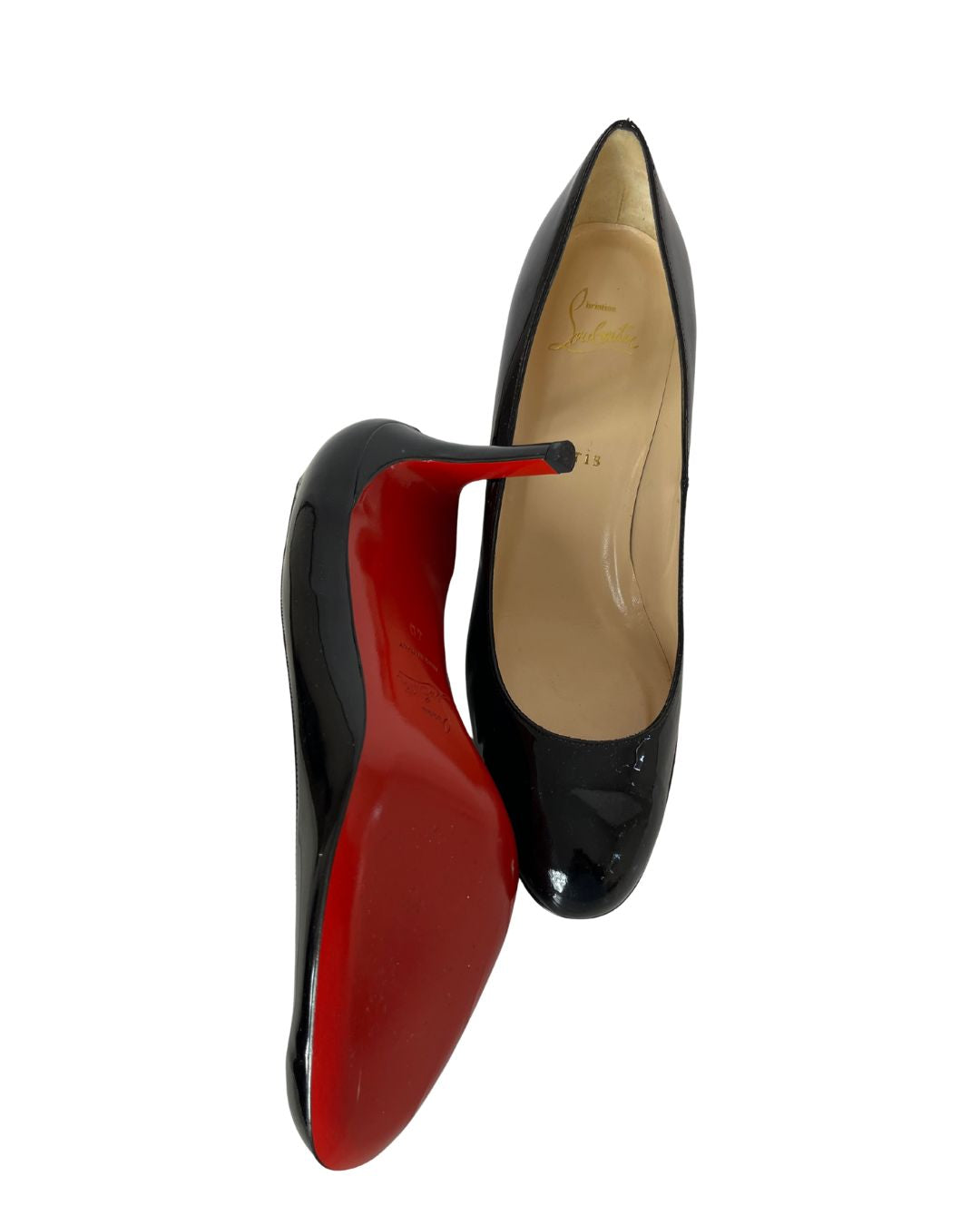 CHRISTIAN LOUBOUTIN Simple Black Patent Leather Red Sole Pumps (Size 9)