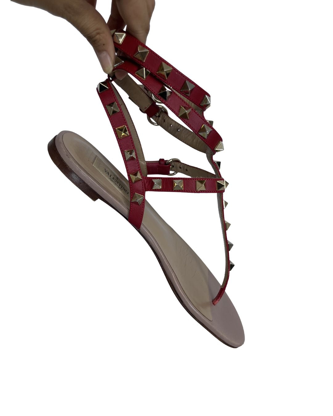 VALENTINO Red Leather Rockstud Sandals (Size 37)
