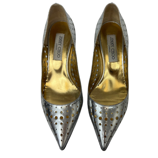 JIMMY CHOO Silver Mirror Perforated Leather Mime Pumps