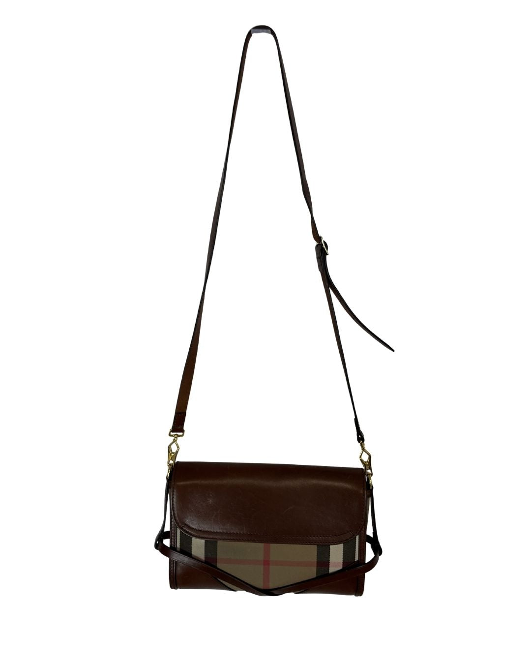 BURBERRY House Check Bridle Small Abbott Brown Leather Bag