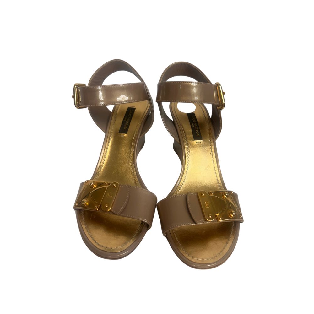 Louis Vuitton Gold Patent Wedge Heels (Size 6)