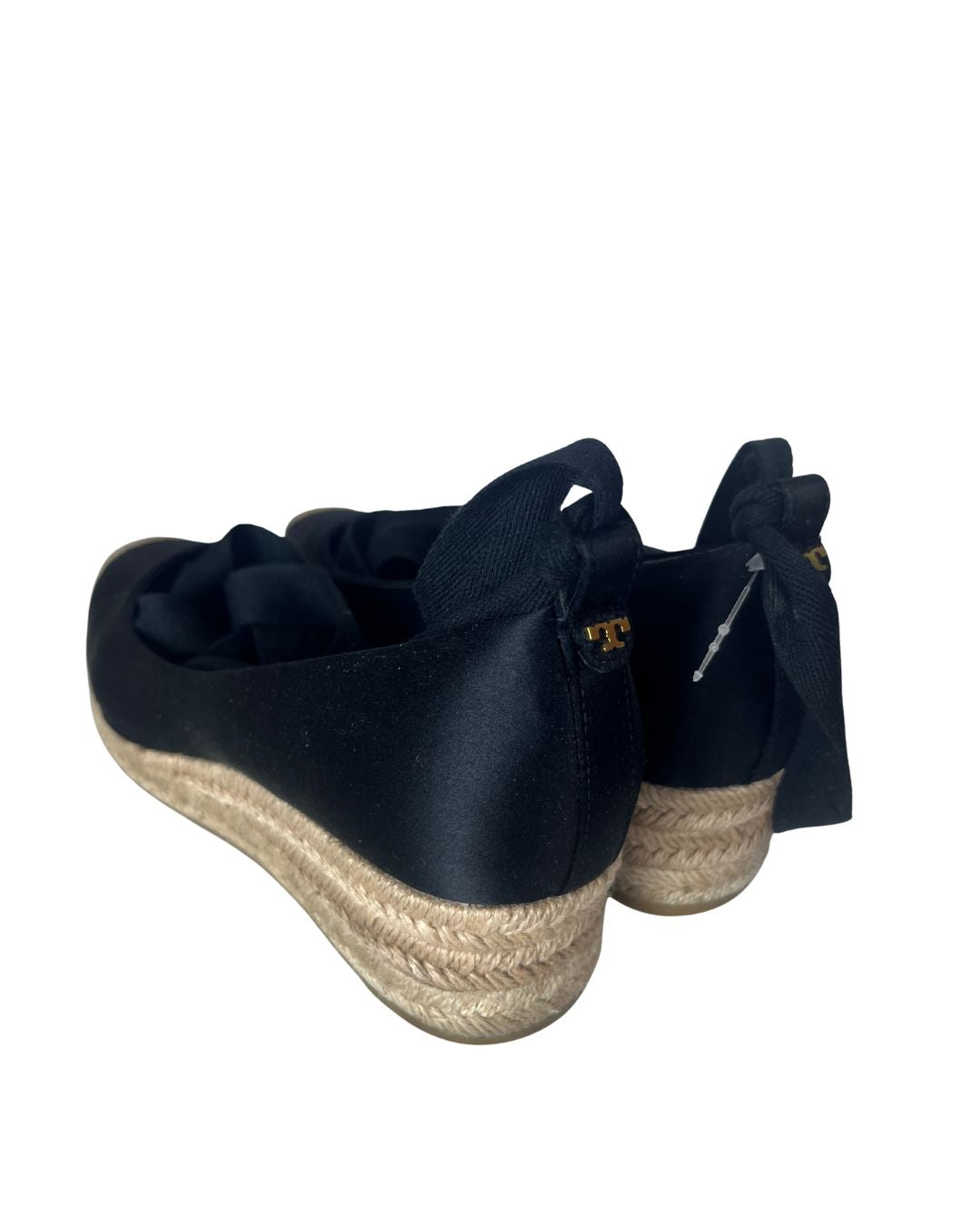 TORY BURCH Black Satin Espadrille Wedges (Size 7.5)