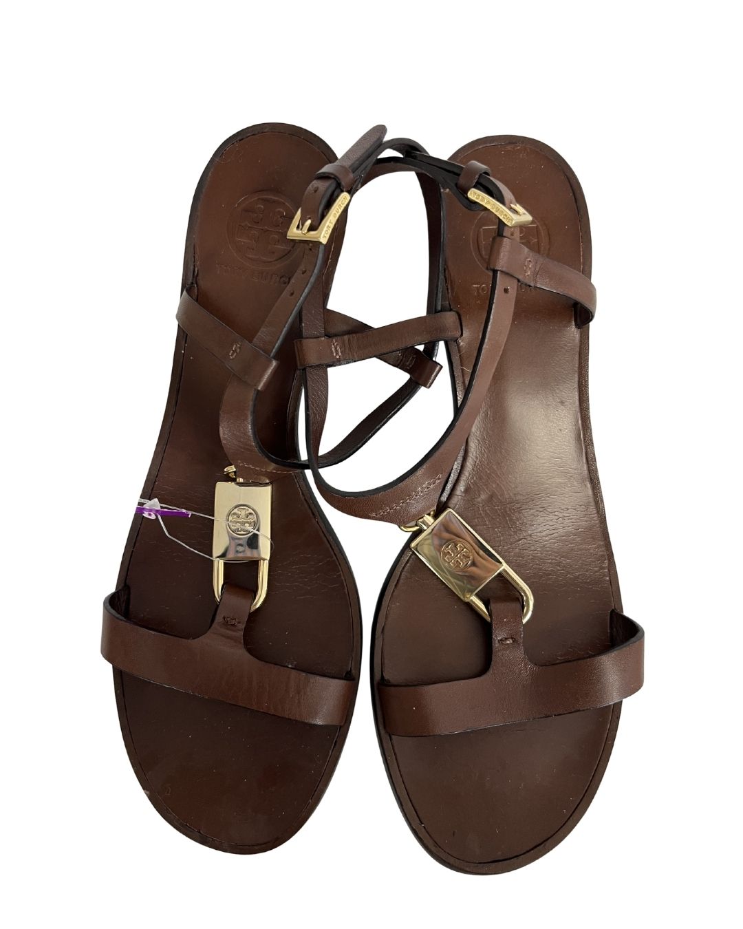 TORY BURCH Almond Leather Padlock Block Brown Heel Sandals (Size 6)