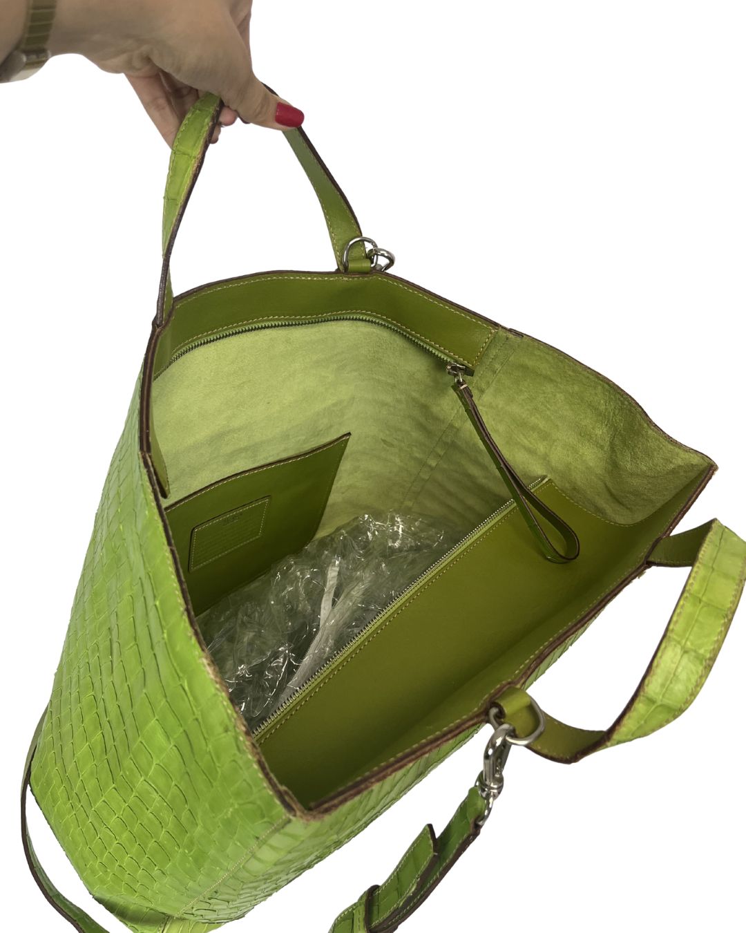 TUMI Crocodile Embossed Green Leather Tote Bag
