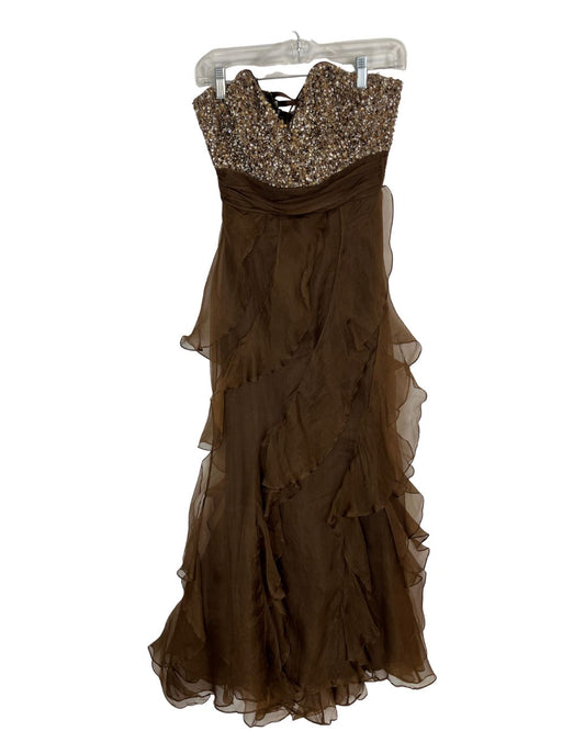 BADGLEY MISCHKA Brown Sequined Ruffle Maxi Gown (Size 0)
