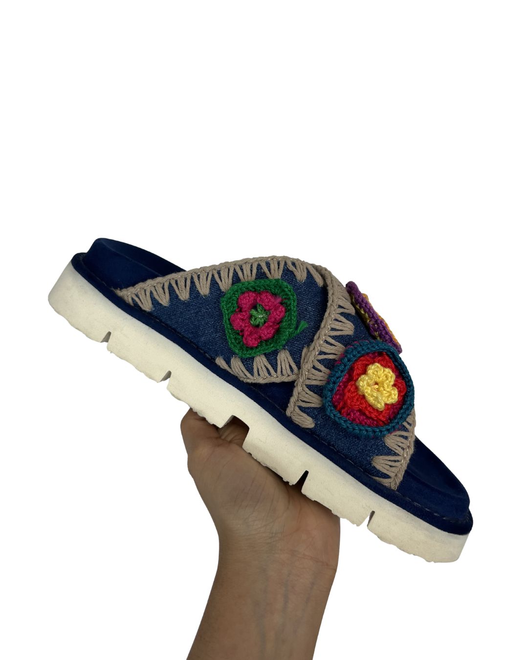 MOU Denim Floral Crochet Sandals (Size 8)