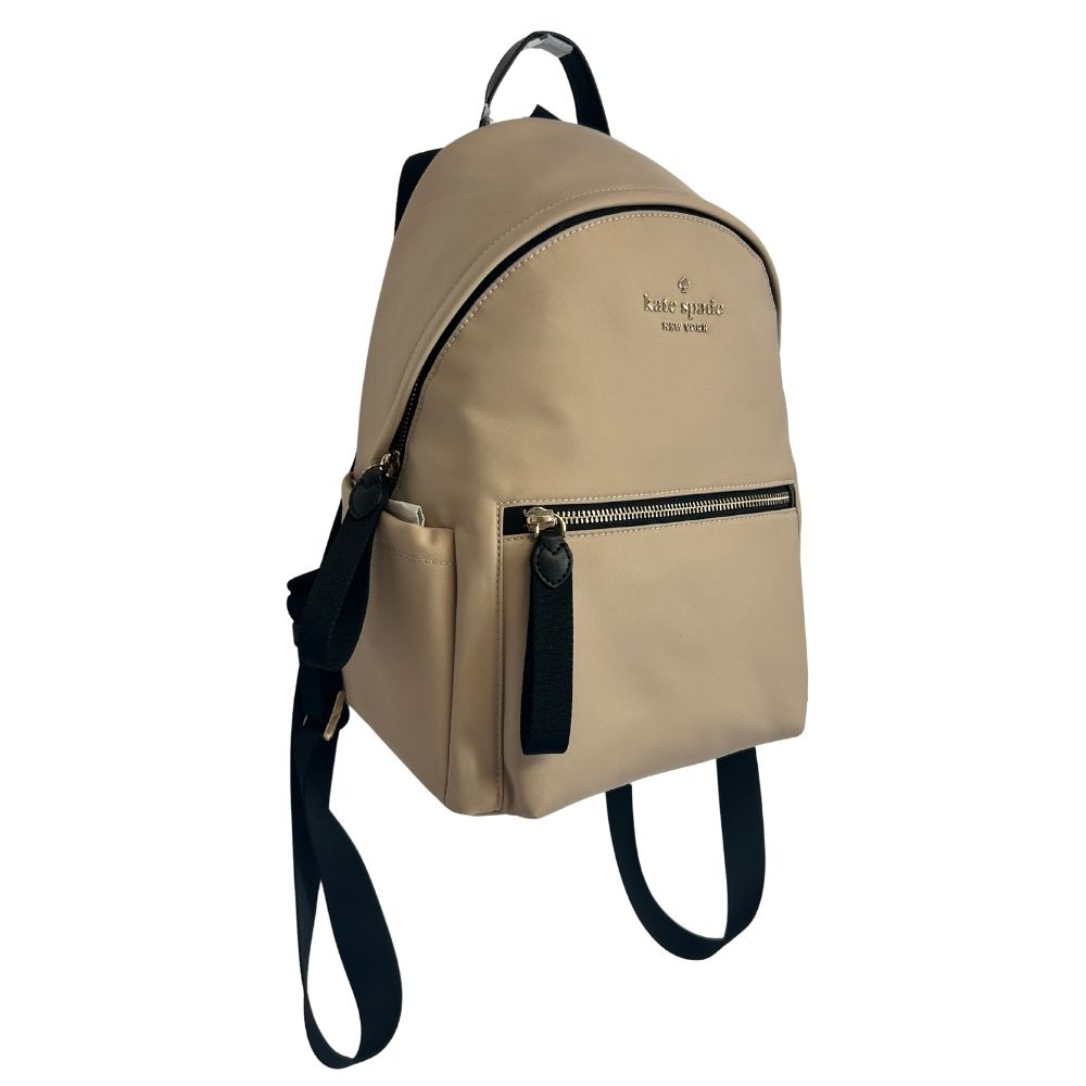 Kate Spade Beige Nylon Backpack – Black Straps & Multiple Pockets (NWT)