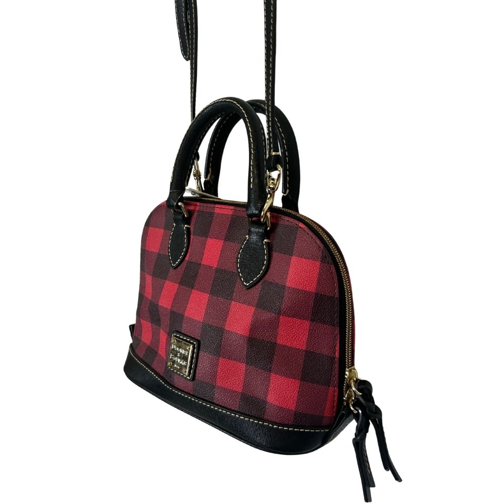 Dooney & Bourke Red & Black Checkered Satchel – Dual Handles & Crossbody Strap