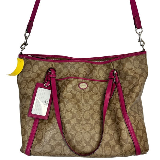 Coach Signature Overnight Tote – Tan Logo Print with Raspberry Trim