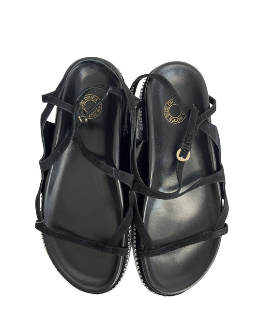 DRIES VAN NOTEN Black Leather & Rhinestone Sandals (Size 9)