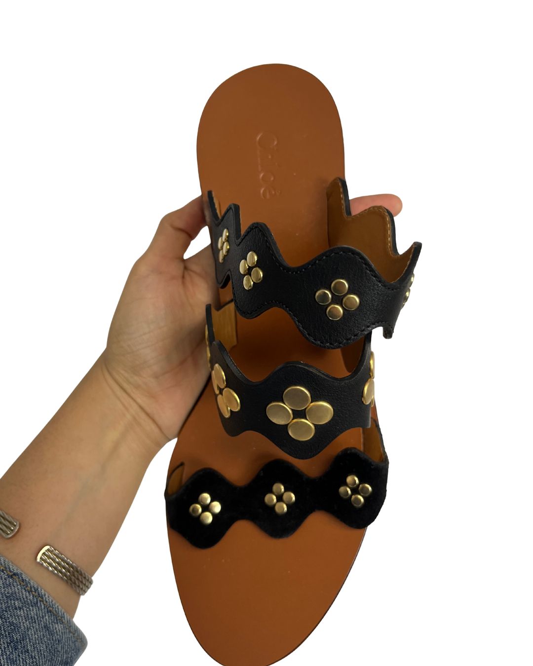 CHLOÉ Lauren Studded Black & Gold Flat Sandal Heels (Size 9)