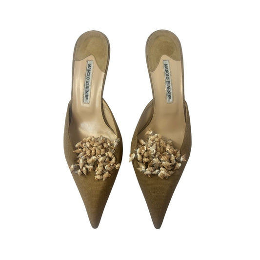 Manolo Blahnik Canvas Mules – Tan with Seashell Embellishment & Kitten Heel