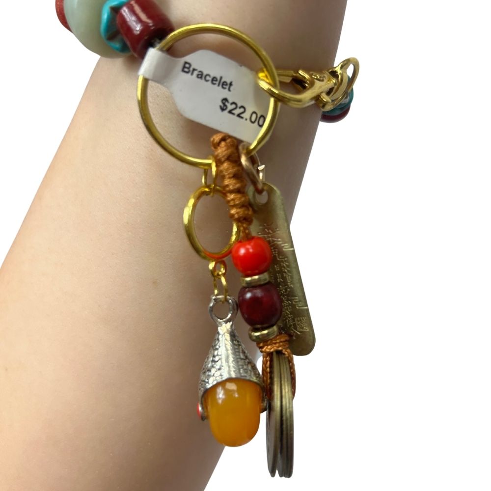 Handcrafted Red & Teal Beaded Charm Bracelet – Gold-Tone Asian Tokens & Accent Charms (No Label)