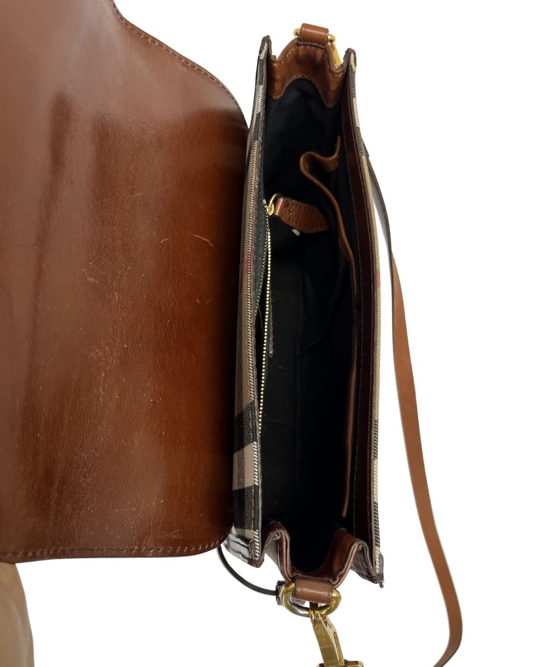 BURBERRY House Check Bridle Small Abbott Brown Leather Bag