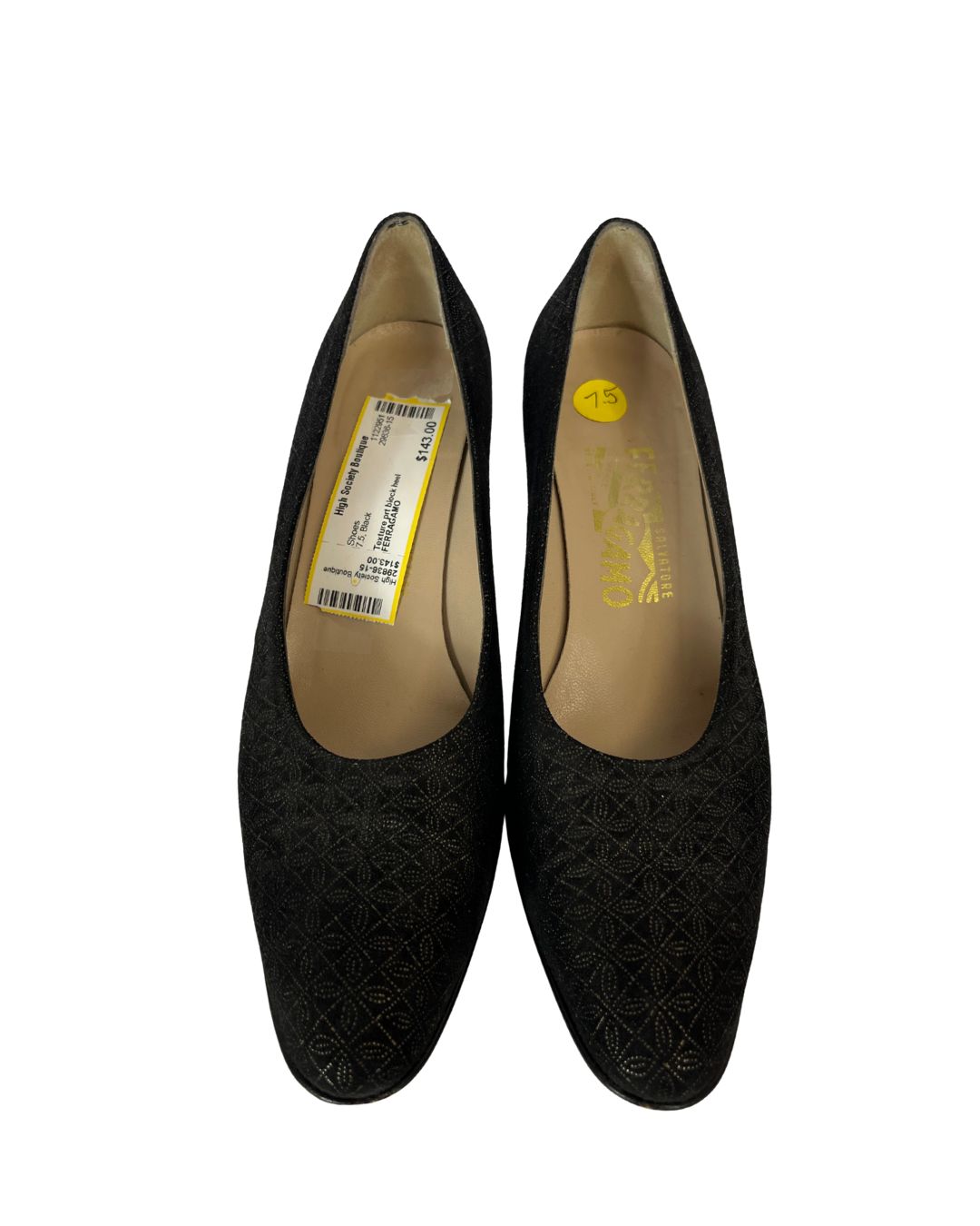 FERRAGAMO Black and Gold Pumps (Size 7.5)