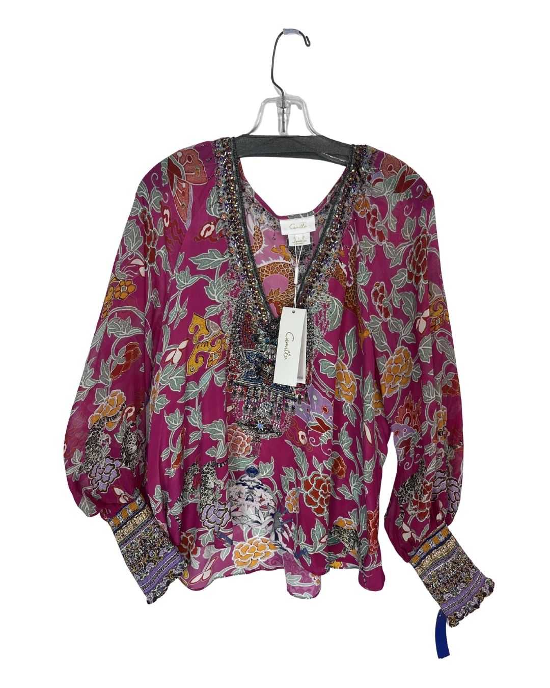 CAMILLA V-Neck Pink Floral Sheer Blouse (Size L)