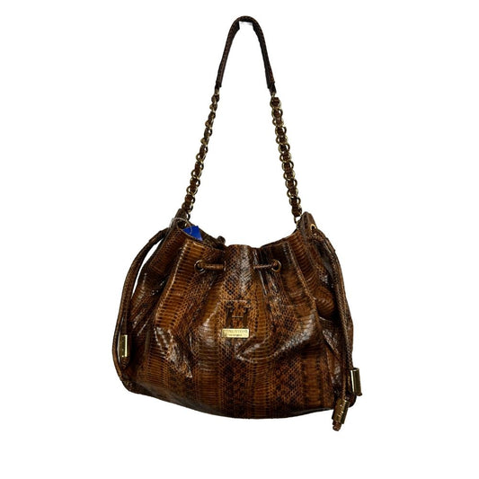 Halston Reptile Print Drawstring Shoulder Bag – Brown/Tan with Gold Logo