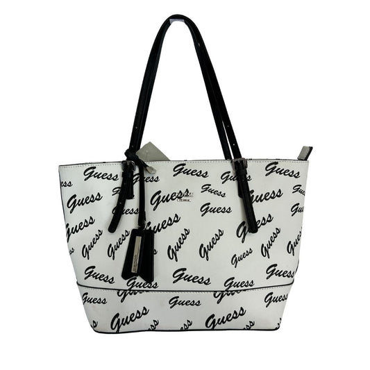 GUESS Black & White Logo Print Tote – Gold & White Accents with Black Straps